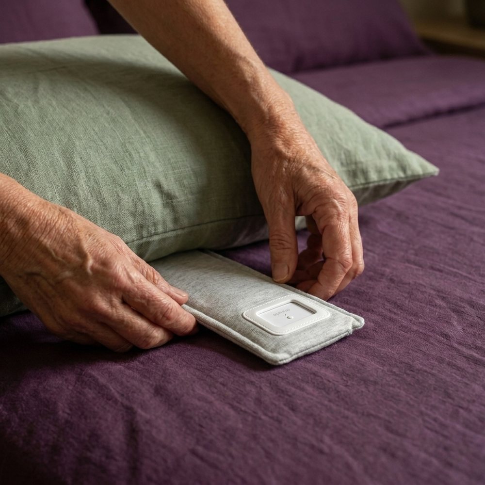 A hand lifts the edge of the pillow
