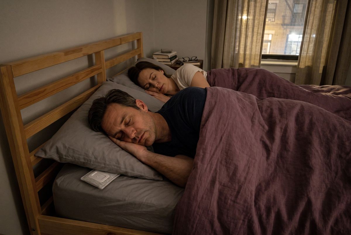 A young couple asleep, Drowsie under his pillow