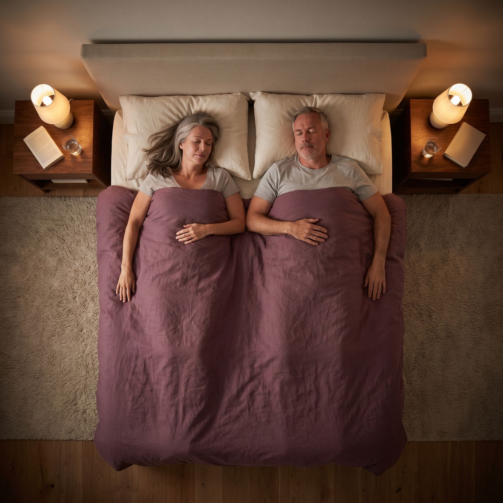 A couple asleep, seen from above, a Drowsie under each pillow