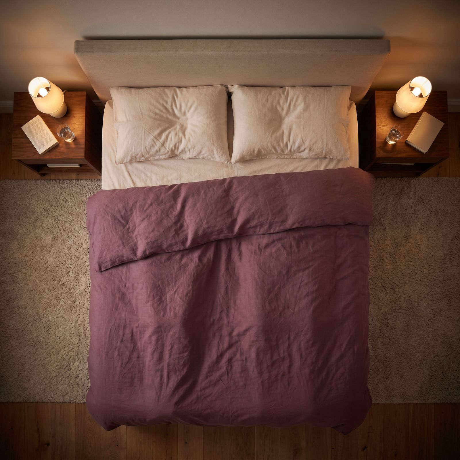 A bed seen from above, two pillows