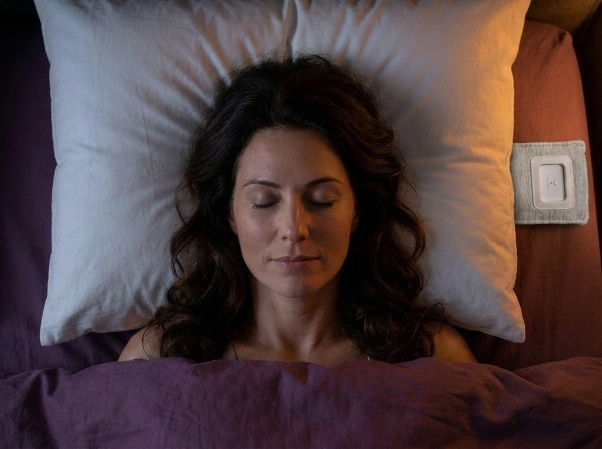 A woman asleep on her back, the Drowsie speaker beside her pillow