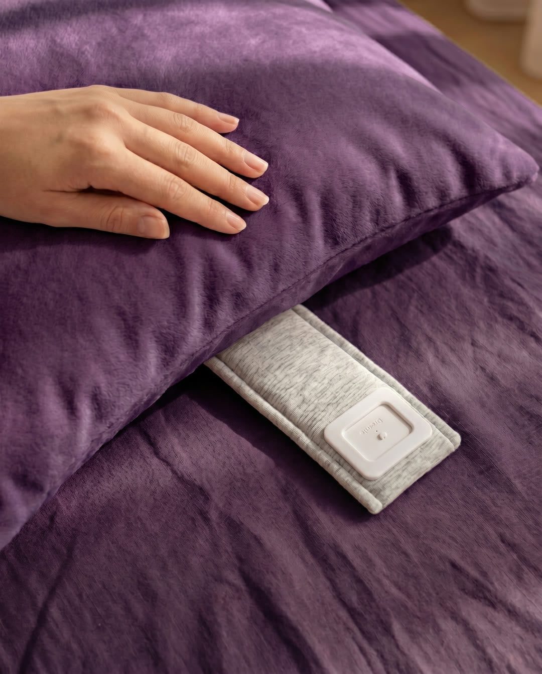 A hand on a purple pillow, Drowsie underneath