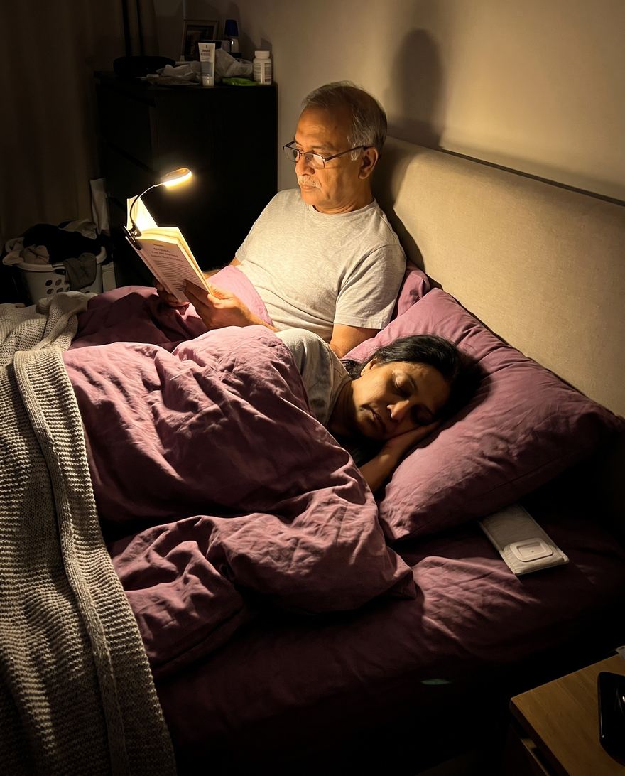 She sleeps while he reads beside her