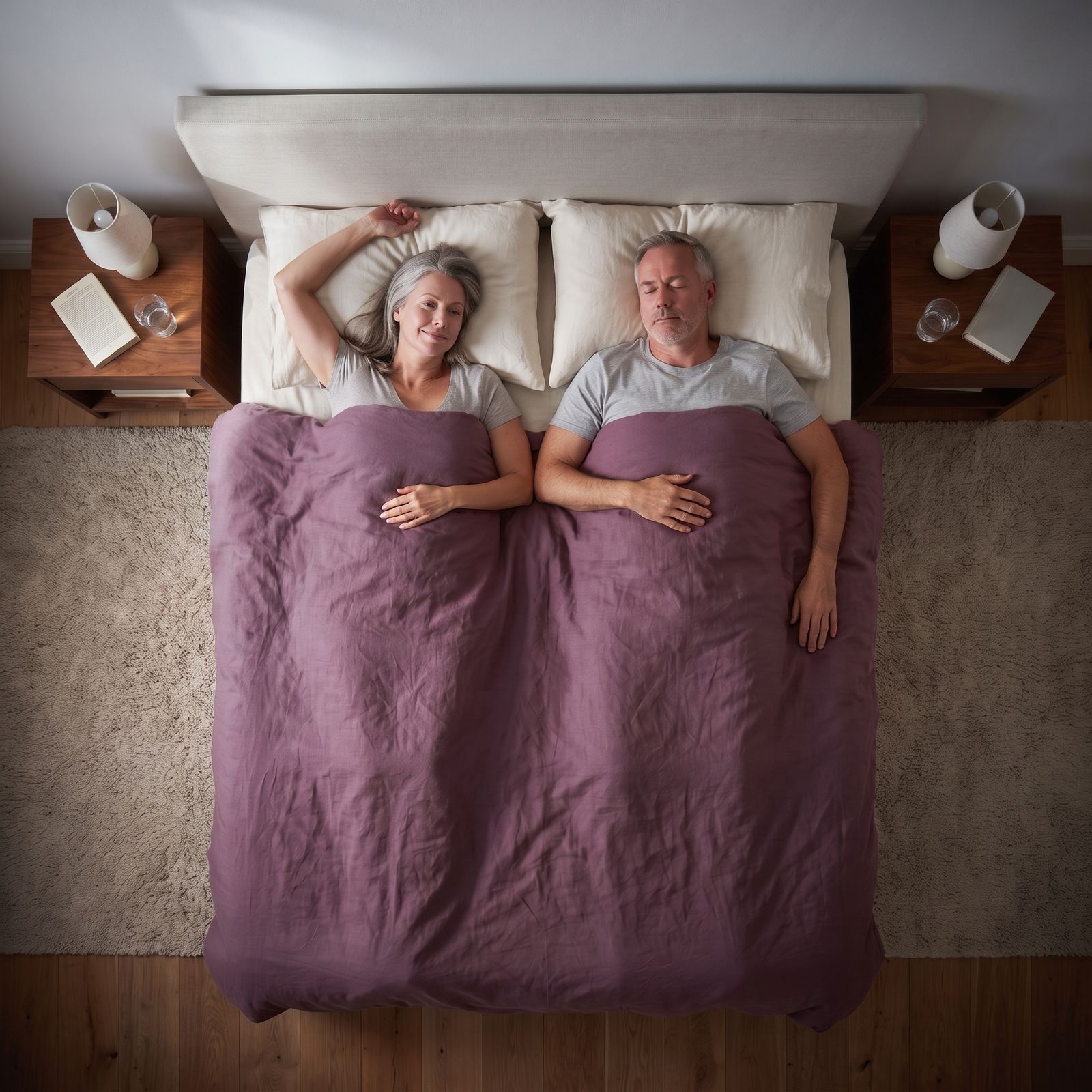 Morning: she wakes refreshed while he sleeps on