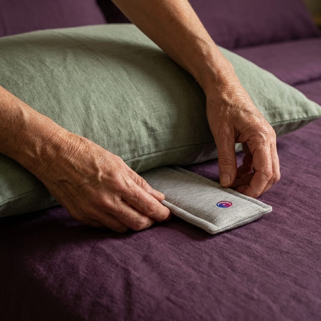 Hands tucking the Drowsie speaker beneath a green linen pillow