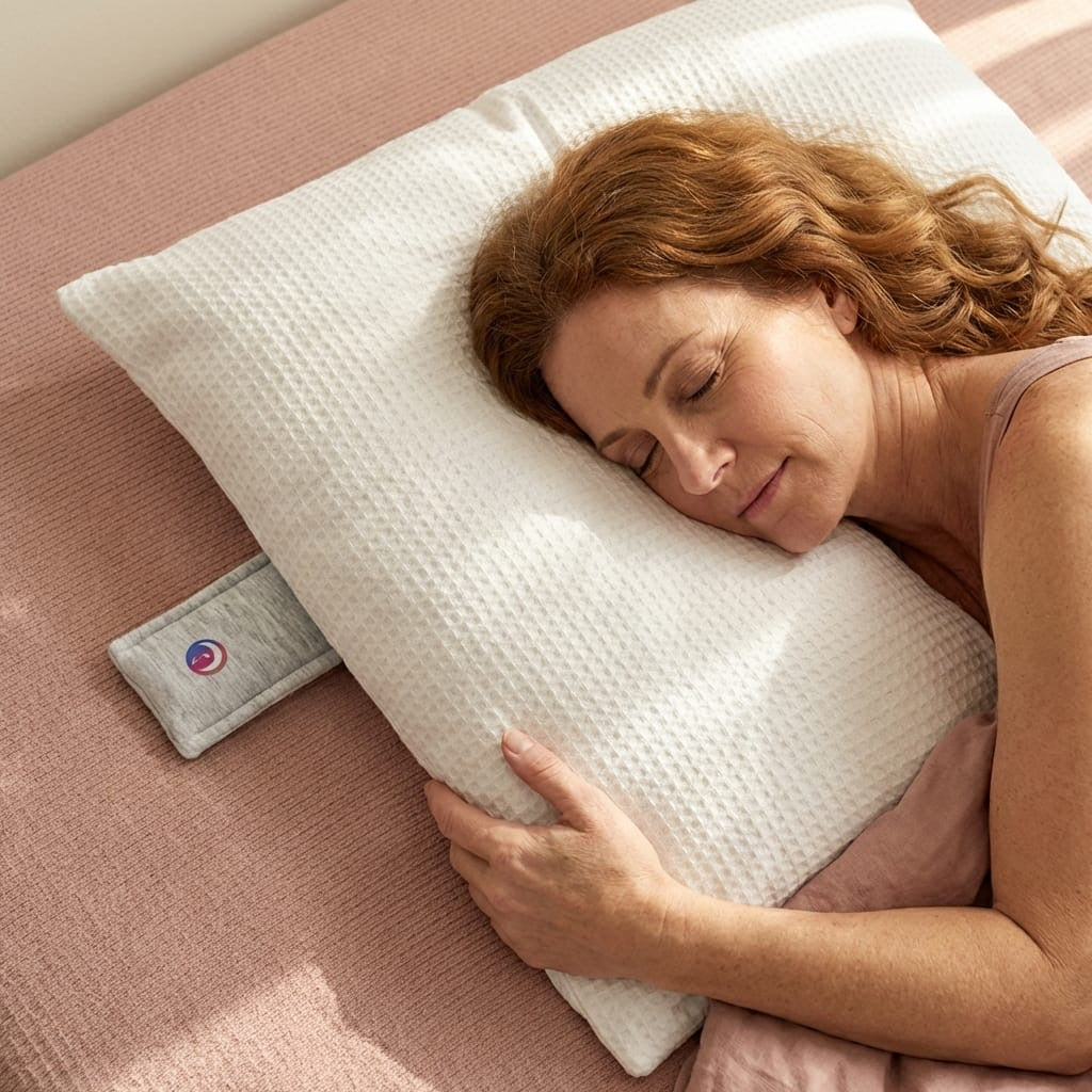 A woman resting on a waffle-knit pillow with the Drowsie speaker beside her — first quiet night in years